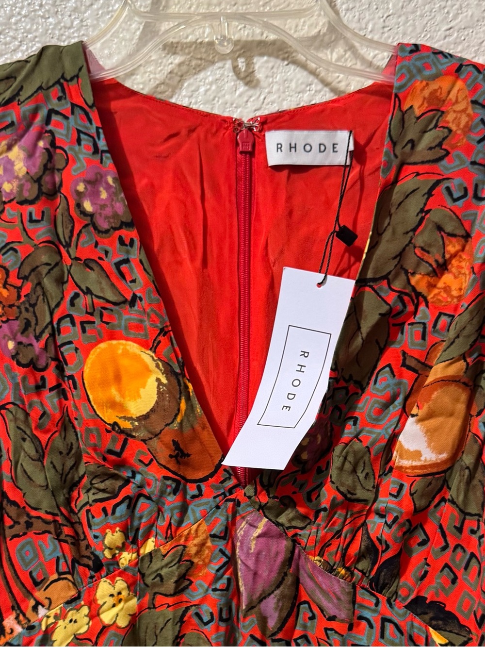 RHODE Size 4 Red Multicolor Floral & Fruit V-Neck Dress NWT